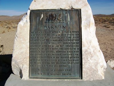 Historical marker for Darwin, seven miles west of town on the turnoff to Death Valley
