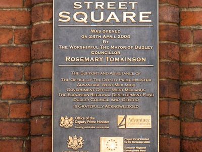 Plaque recording the opening of the refurbished Stone Street Square, Dudley