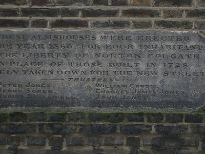 Plaque, Norton Folgate almshouses, Spitalfields