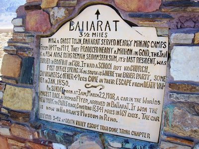 Hand-made historic marker for the ghost town of Ballarat, CA