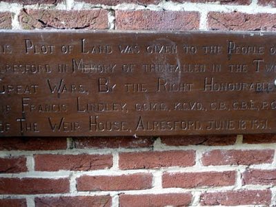 Plaque, Memorial Garden, Alresford, Hampshire