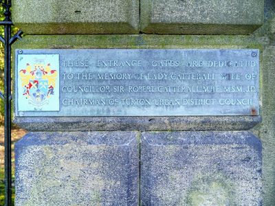 Dedication Plaque on Turton Tower Gatepost