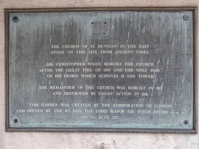Plaque, St Dunstan in the East, St Dunstan's Hill, London