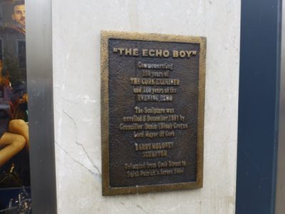 Plaque, "The Echo Boy" sculpture