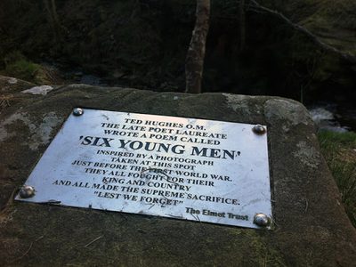 Plaque on a rock near Lumb Falls, Crimsworth Dean