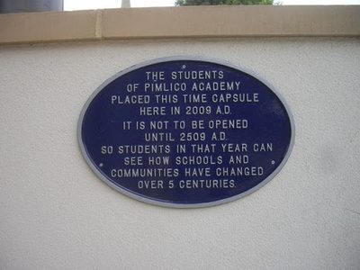 Plaque at site of time capsule in Pimlico Academy