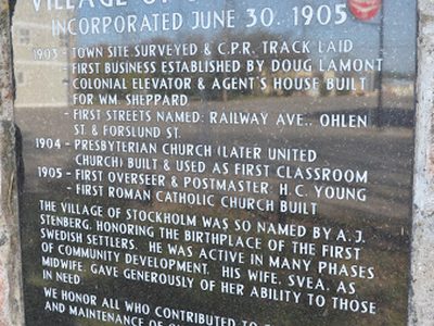 Village of Stockholm, Saskatchewan, Incorporation 90th Anniversary Plaque