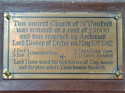 Plaque St Winifred's Church, Branscombe, Devon