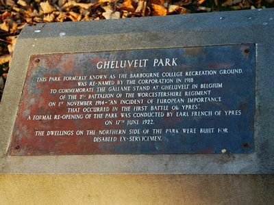 Gheluvelt Park - plaque in park, Barbourne, Worcester