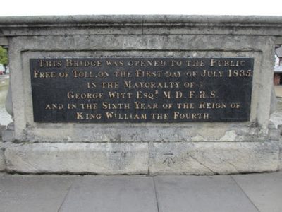Plaque and a bench mark on St Mary's Street Bridge, Bedford