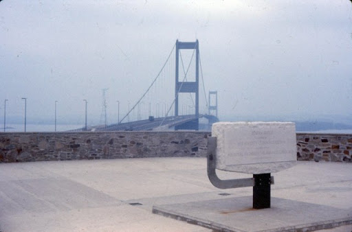 Severn Bridge and commemorative stone for its opening