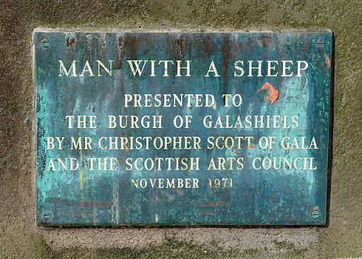 The plaque on the man with a sheep statue in Galashiels