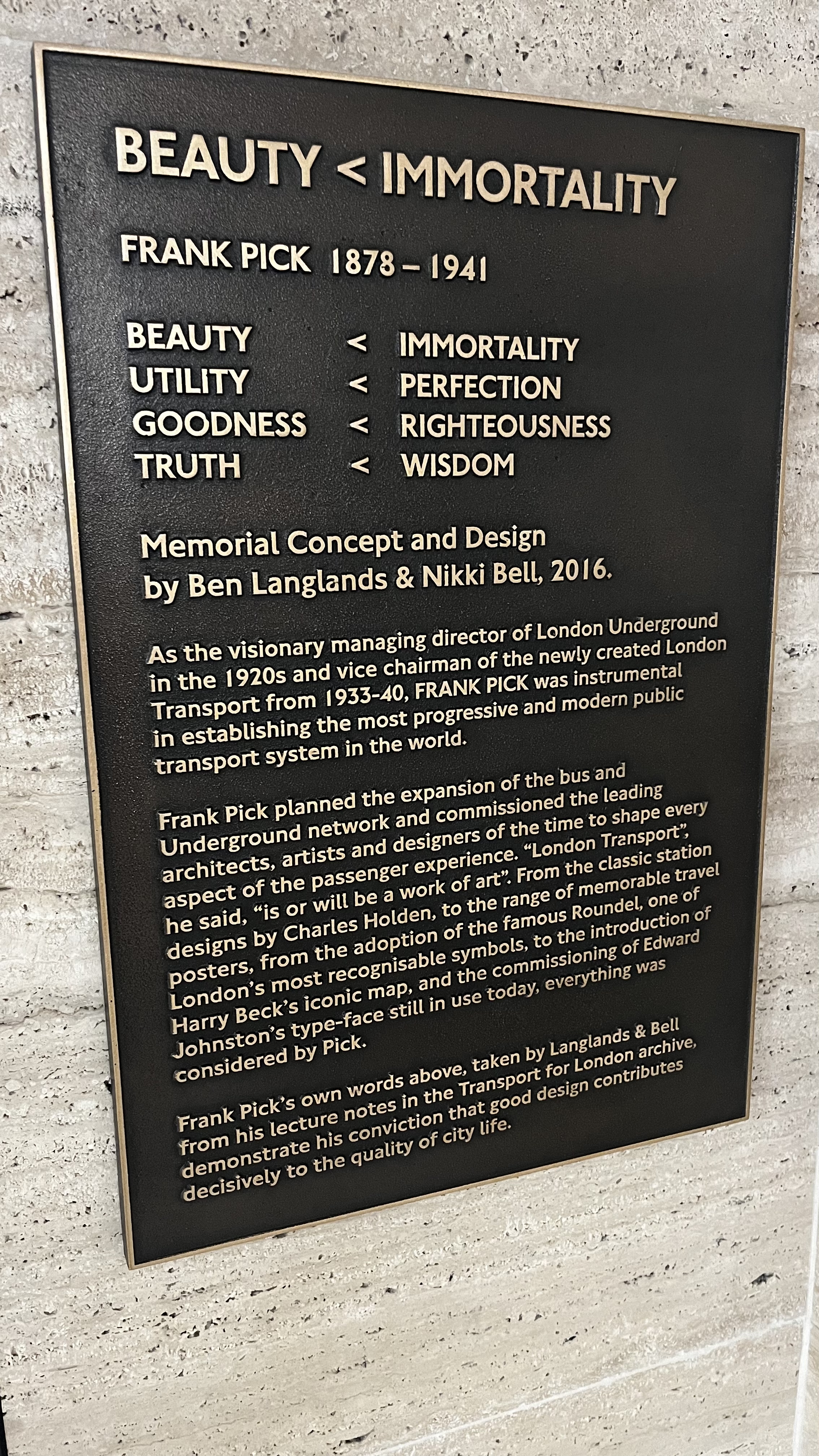 Beauty<Immortality, Frank Pick memorial plaque