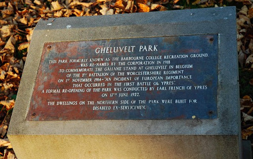 Gheluvelt Park - plaque in park, Barbourne, Worcester