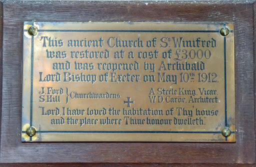 Plaque St Winifred's Church, Branscombe, Devon