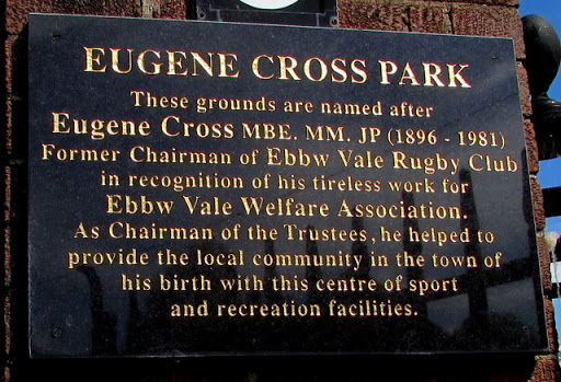 Plaque at the entrance to Eugene Cross Park, Ebbw Vale