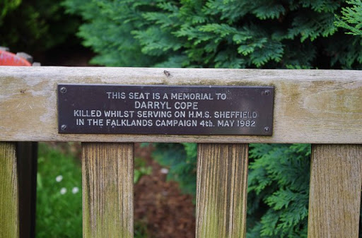 Plaque on seat in Stourport War Memorial Gardens, Stourport-on-Severn