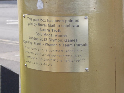 Cheshunt: one of Laura Trotts gold postbox plaques