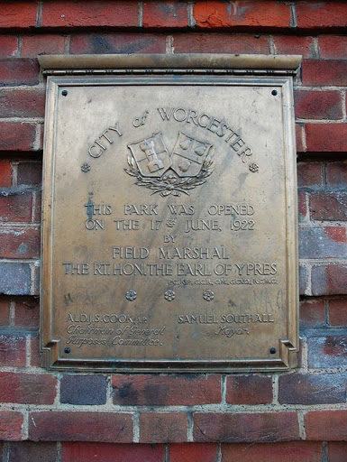 Gheluvelt Park - plaque on main gate, Barbourne Road, Worcester