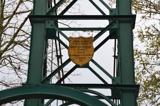 Plaque on the suspension footbridge, Pitlochry