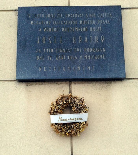 A plaque in Vysocanska, Prague for war resister Josef Kratky executed in 1944