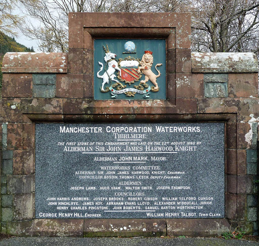 An inscription stone and plaque at Thirlmere Reservoir