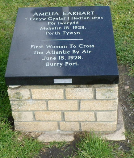 Closeup of an Amelia Earhart plaque, Burry Port